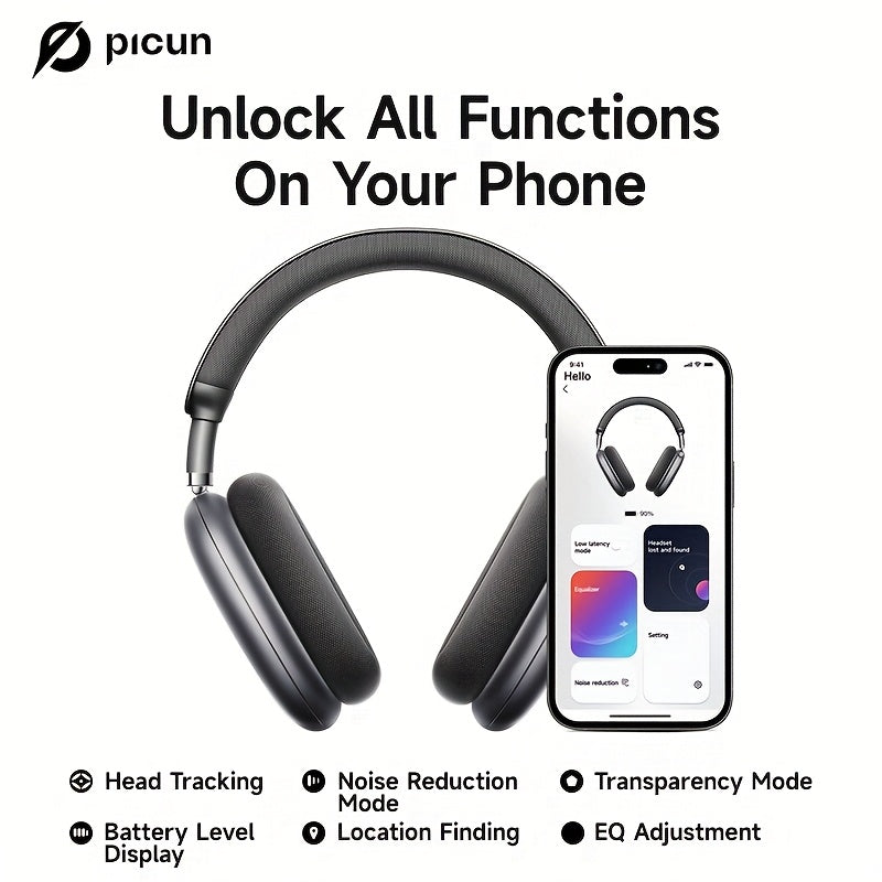 Picun F8Pro Wireless Over-Ear Headphones with 52dB Hybrid ANC, Hi Res Audio, 140H Playtime, Dual Device Pairing, 5 Mic ENC & Detachable Fabric Cushions All Day Comfort for Work & Travel, Picun