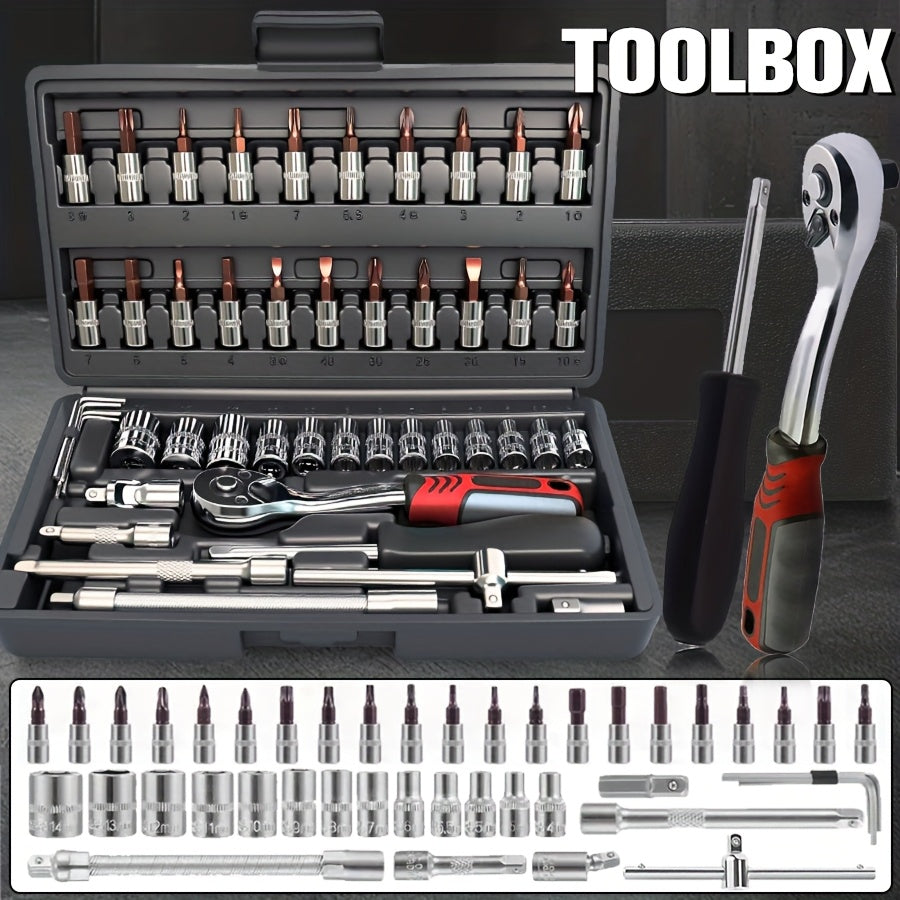 High-end Professional 45+1/44+2pcs Tool Set, Auto/bicycle Repair Machinery Kit, 1/2 Inch *1/4 Inch 3/8 Inch Drive Depth And Standard Wrench Set, Race-grade Auto Parts Repair Ratchet Wrench And Other Auto Repair Accessories To