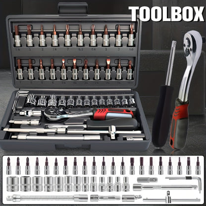 High-end Professional 45+1/44+2pcs Tool Set, Auto/bicycle Repair Machinery Kit, 1/2 Inch *1/4 Inch 3/8 Inch Drive Depth And Standard Wrench Set, Race-grade Auto Parts Repair Ratchet Wrench And Other Auto Repair Accessories To