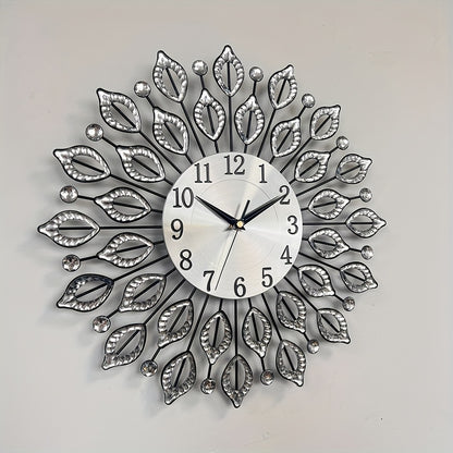 1pc silent decorative wall clock, 15.35 inch black metal material, with easy to read numbers, acrylic leaf rhinestones design, suitable for multiple places such as living room and bedroom, and a new house gift, Living Room Wa