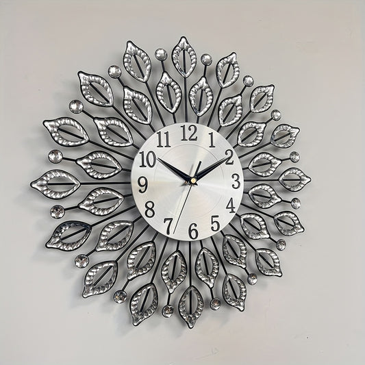 1pc silent decorative wall clock, 15.35 inch black metal material, with easy to read numbers, acrylic leaf rhinestones design, suitable for multiple places such as living room and bedroom, and a new house gift, Living Room Wa