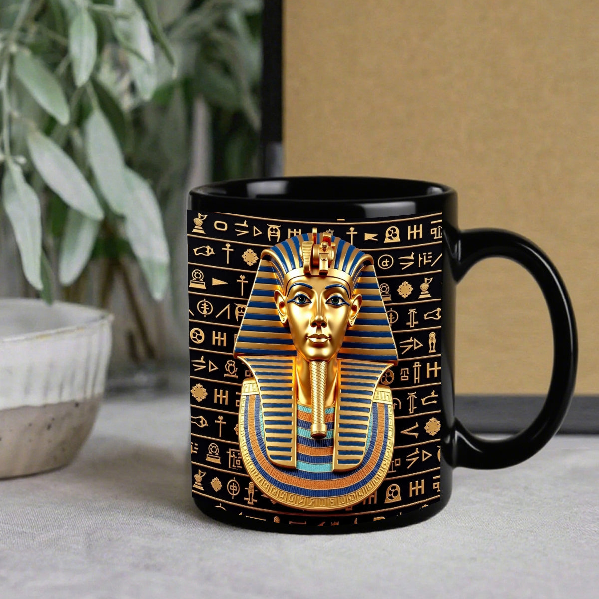 1pc Egyptian Pharaoh Tutankhamun King Tut Golden Mask Design Black Ceramic Mug - 11oz Durable Coffee Cup with Hieroglyphic Print, Ideal Gift for Birthdays, Anniversaries, History Lovers & Egyptian-Themed Home Decor