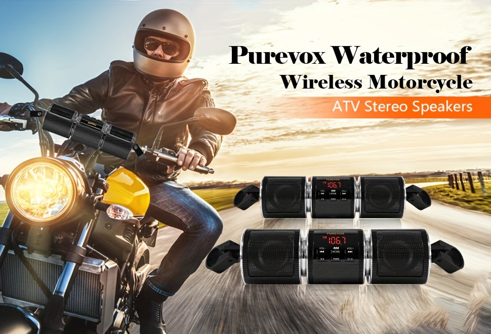 Wireless Motorcycle Audio - Motorcycle ATV Stereo Speakers - Handlebar Mount MP3 Music Player Audio Amplifier - AUX-in, USB, TF card, FM Radio