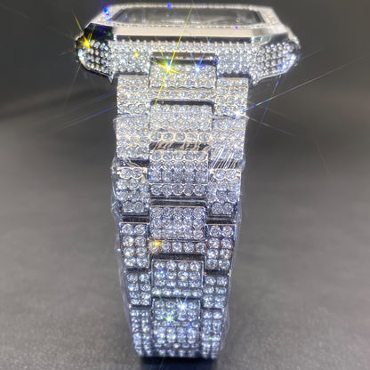 MISSFOX Men'S Luxury Rhinestones-Encrusted Golden-Tone Square Watch with Date Calendar, High Quality IP65, Quartz Movement, Sparkling Bezel & -Accented Dial - Elegant Analog Watch for Casual & Formal Wear, Party Accessory, Ba