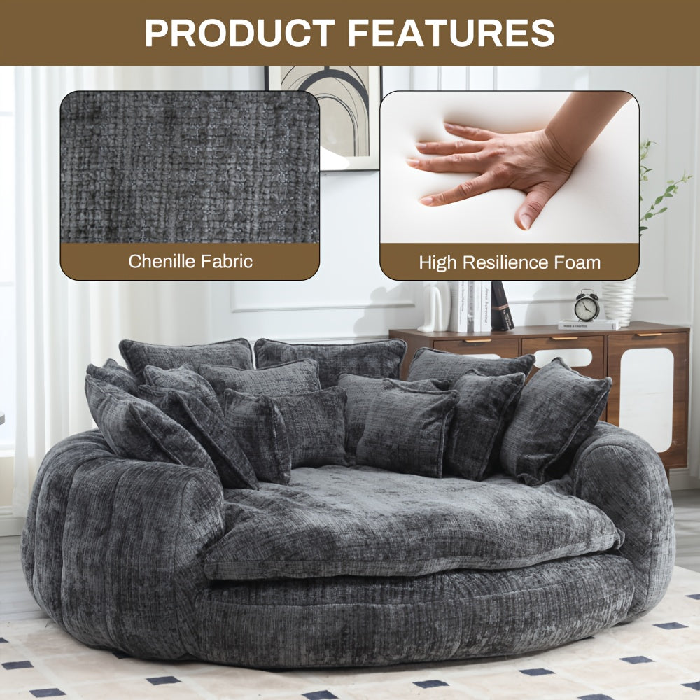 Modern 81" Oversized Bean Bag Chair - Upholstered Chenille Round Sofa Bed with Plush Fluffy Cushion, Deep Seat & Open Back Design, No Assembly Required, Gray Fabric for Living Room, Apartment, or Guest Room, Cozy Seating, Con