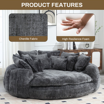 Modern 81" Oversized Bean Bag Chair - Upholstered Chenille Round Sofa Bed with Plush Fluffy Cushion, Deep Seat & Open Back Design, No Assembly Required, Gray Fabric for Living Room, Apartment, or Guest Room, Cozy Seating, Con