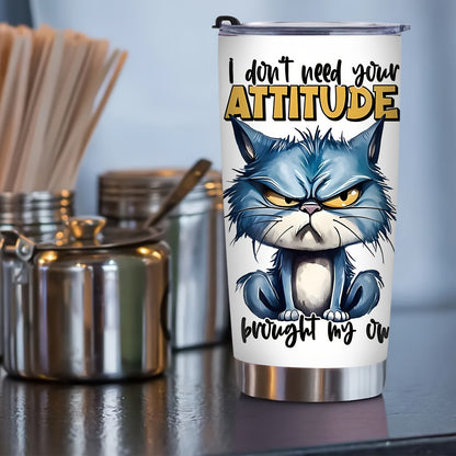 1pc 20oz Stainless Steel Tumbler with Lid - Double-Wall Vacuum Insulated Cup, Leakproof & -Slip Grip, Funny Grumpy Design with "I Don't Need Your ATTITUDE" Slogan, Hot/Cold Beverage for Office, Travel, Camping, School - Gift