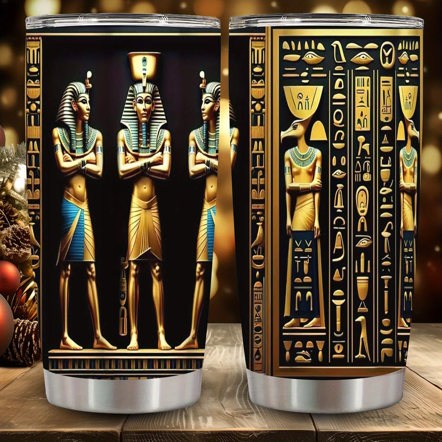 1pc Egyptian Hieroglyphs & Pharaohs Tumbler with Lid & Straw - 12oz/20oz Insulated Travel Mug, Double-Wall Vacuum Cup with Golden & Black Egyptian Design, Tutankhamun & Anubis Pharaohs, Ideal Gift for History Buffs, Christmas