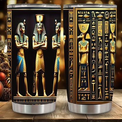 1pc Egyptian Hieroglyphs & Pharaohs Tumbler with Lid & Straw - 12oz/20oz Insulated Travel Mug, Double-Wall Vacuum Cup with Golden & Black Egyptian Design, Tutankhamun & Anubis Pharaohs, Ideal Gift for History Buffs, Christmas