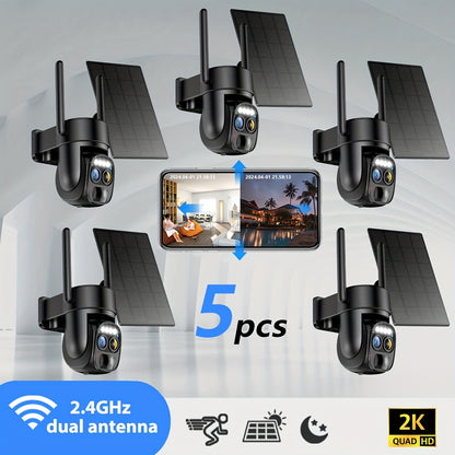 5pcs [10x Zoom] 360-degree Low-power Solar Panel Battery 2K FHD WiFi With Spotlight Alarm, Motion Detection, Color Night Vision, Two-way Audio And.