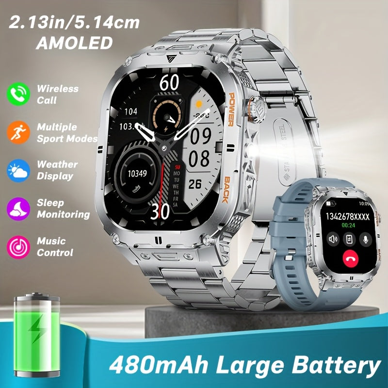 LIGE Smart Watch for Men with Flashlight, 2.13-inch Amoled Display, Smartwatch with 100+ Sports Modes, Monitor, IPX8, Multifunctional Smart Watch for iPhone and Android, Black, 2 Straps, Fitness Tracking Watch, Sleek Watch De