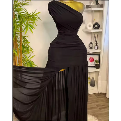 Elegant Mermaid/Trumpet Long Dress - Sleeveless Asymmetrical Slanted Collar & Slit Hem, Slim Fit -Length Party Wedding Guest Gown, Prom Dress for Themed Events, Daily Wear (No Feathers)