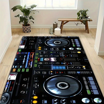 Large Non-Slip Floor Mat Mat - DJ Turntable Design -Slip Living Room Bedroom Bathroom Mat, Machine Washable Indoor/Outdoor Mat for Home Studio, Parties, Gym - Black Background with DJ Controls Graphic