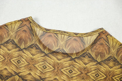 Maxi Dress - Regal Golden and Brown Patterned with Long Sleeves | Elegant Crew Neck - Fitted Style, Perfect for All Seasons, Ruffle Details, by SCACTO