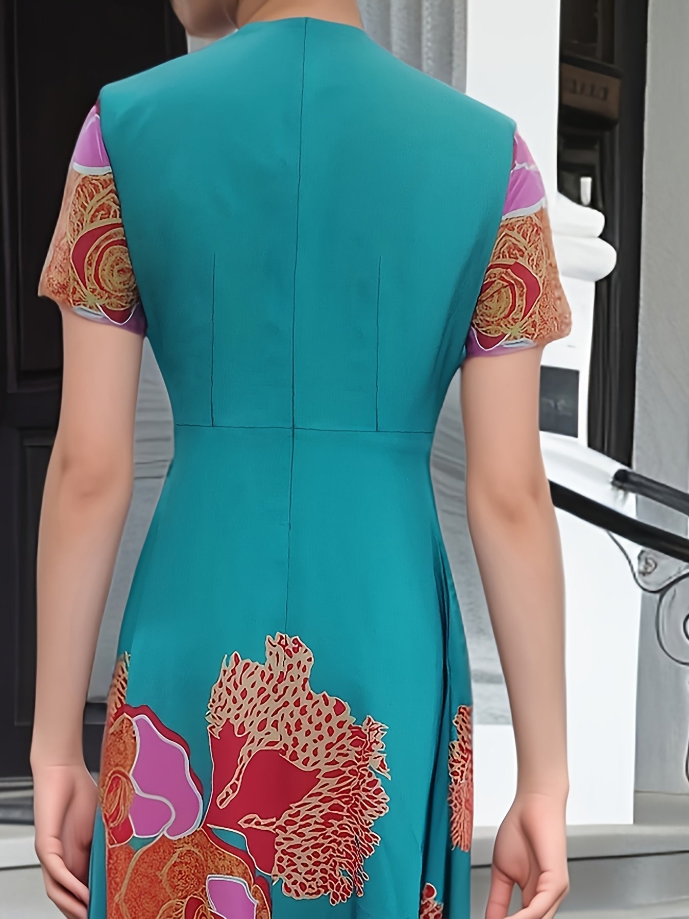 Floral Print V Neck Dress - Elegant Short Sleeve A-line Flowy Dress for Spring & Summer - Women's Clothing - For Women - Perfect for Casual Occasions, Parties & Dates - Ideal Gift for Her