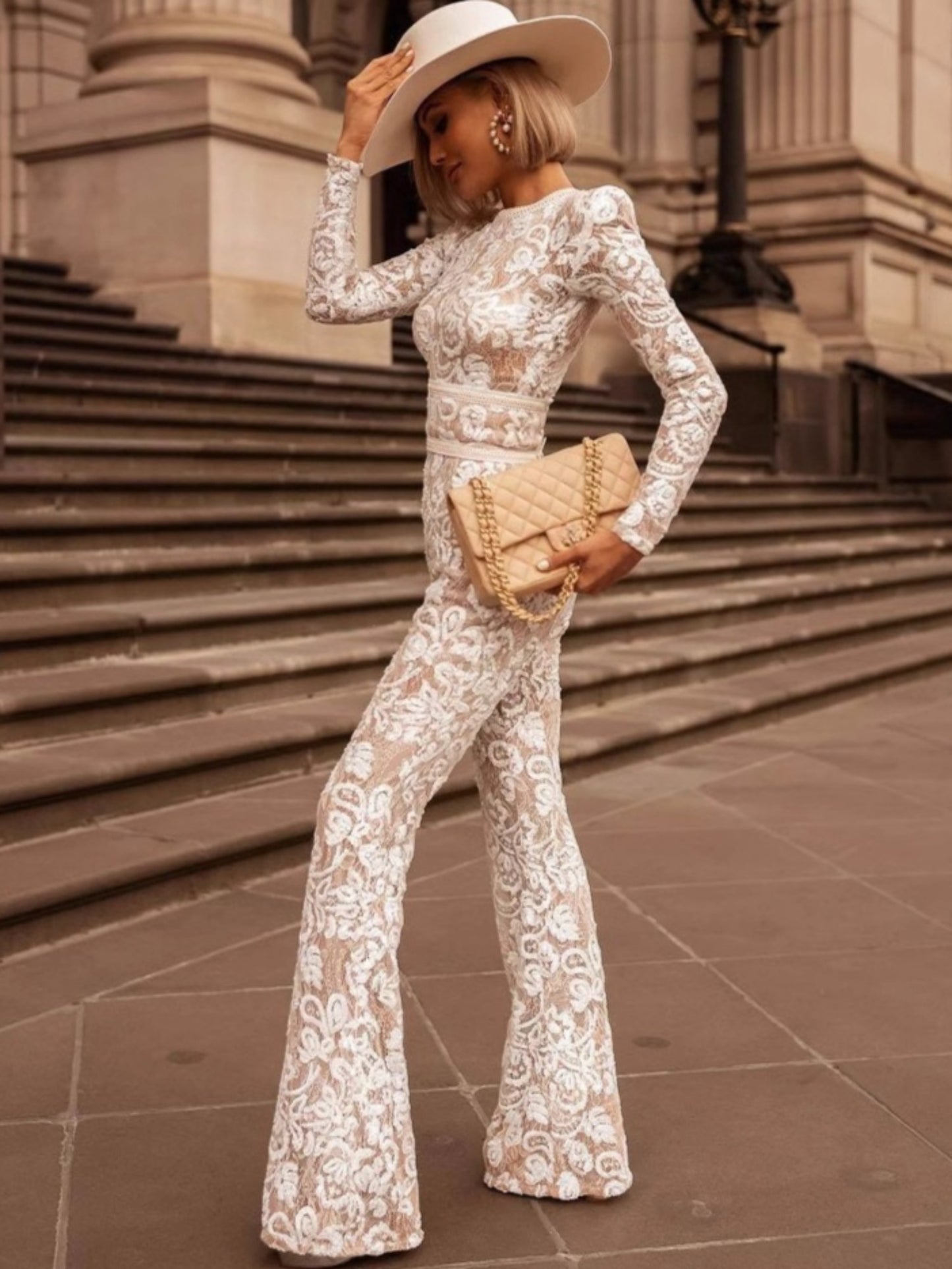 Women's Elegant Beige & White Lace Wedding Jumpsuit - All-Season Formal Party Outfit - Long Sleeve High Waist Flare Pants with Round Neck & Belted Waist - Bridal One-Piece Suit (Machine Washable)