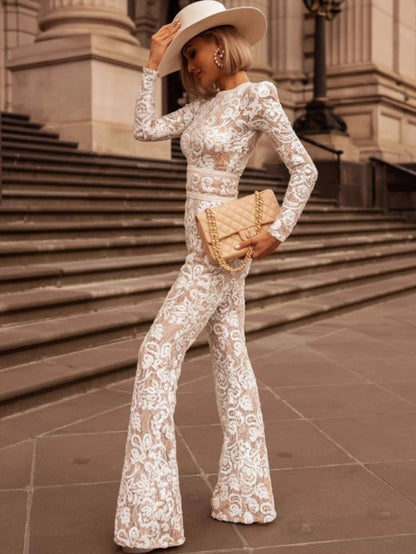 Women's Elegant Beige & White Lace Wedding Jumpsuit - All-Season Formal Party Outfit - Long Sleeve High Waist Flare Pants with Round Neck & Belted Waist - Bridal One-Piece Suit (Machine Washable)