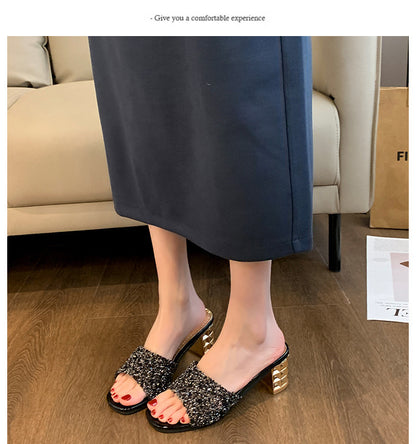 Women'S Chunky Heel Sandals - Slip-On Open-Toe High Heels with Ankle Strap, Golden Glamorous Party Shoes for Formal Events, Weddings, Nightouts - Cushioned Insole & Non-Slip PVC Sole - Available in Wide Widths (Women'S Summer