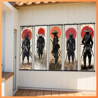5pcs Samurai Sunset Scroll Wall Art Set - Anime-Themed Vertical Canvas Prints, Retro/Classic/Art Deco Hanging Posters for & , Male Warrior Decor for Living Room, Bedroom, Office - Ideal Gift for & History Buffs