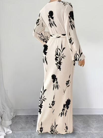 Women's Elegant Pleated Fabric Flared Long Sleeve Dress for Autumn and Winter