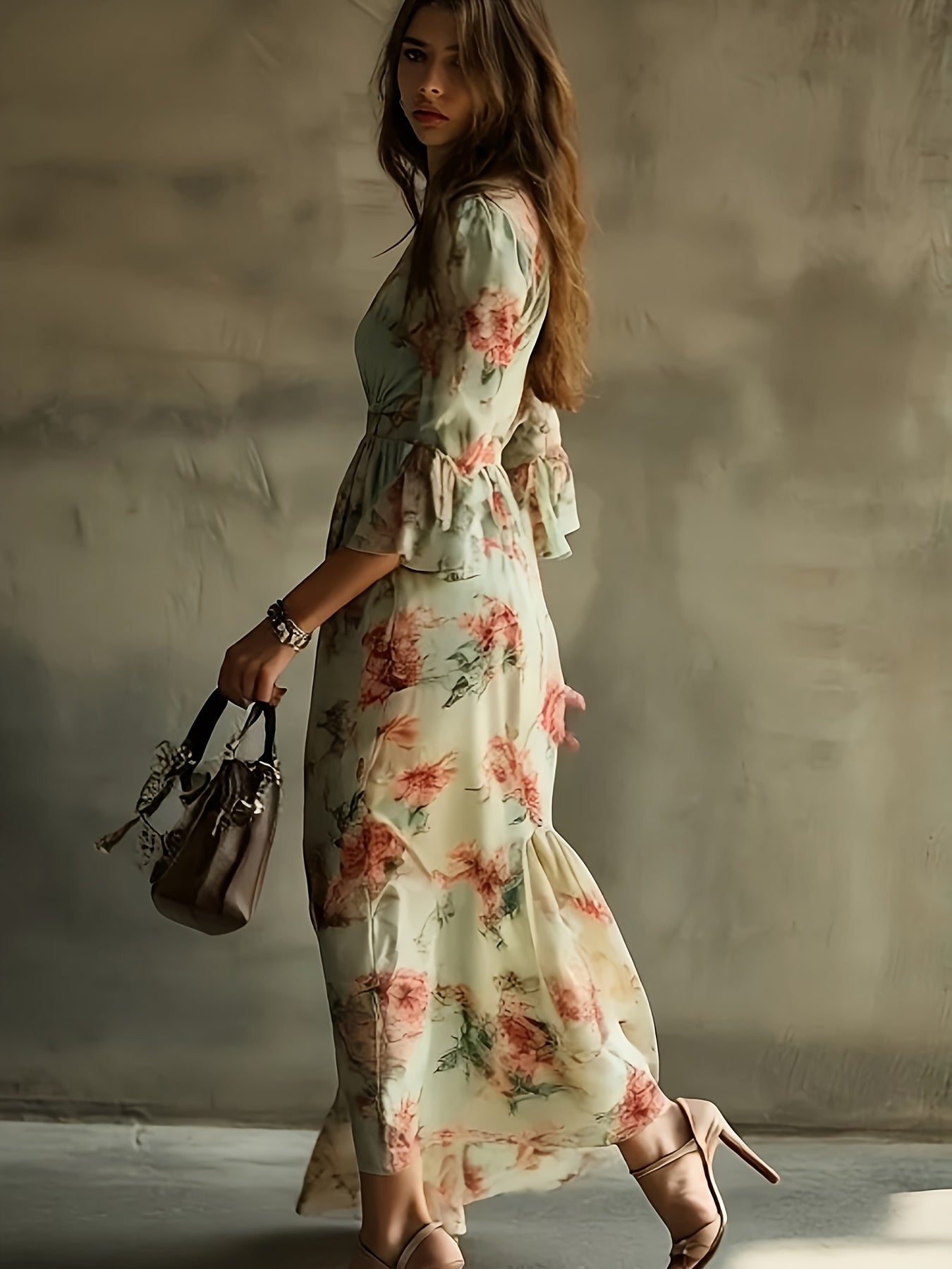 Bohemian Floral V-Neck Maxi Dress - Lightweight Chiffon Sundress Featuring a Stylish High Slit, Perfect for Festivals Or Beach Cover-Ups, with a Flowing Hem Ideal for Music Festivals And Holidays