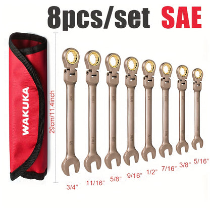 8pcs Ratcheting Wrench Set, SAE, Combination Wrench Set, 5/16" to 3/4", 72-Teeth, Flex-Head for Automotive, Car, Motorcycle, Bicycle, Mechanical Tool, Nickel Plating Sandblast Finish Cr-V Steel