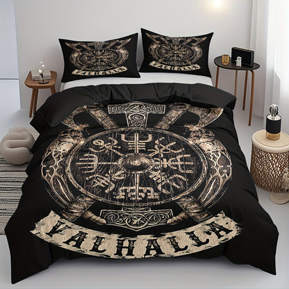 Norse Rune Theme Duvet Cover Set, Soft High-Definition Digital Print, Black And Brown, All-Season, Perfect Gift, Soft Breathable 100% Polyester, Machine Washable, Includes 1 Duvet Cover And 2 Pillowcases, Ideal For Family And