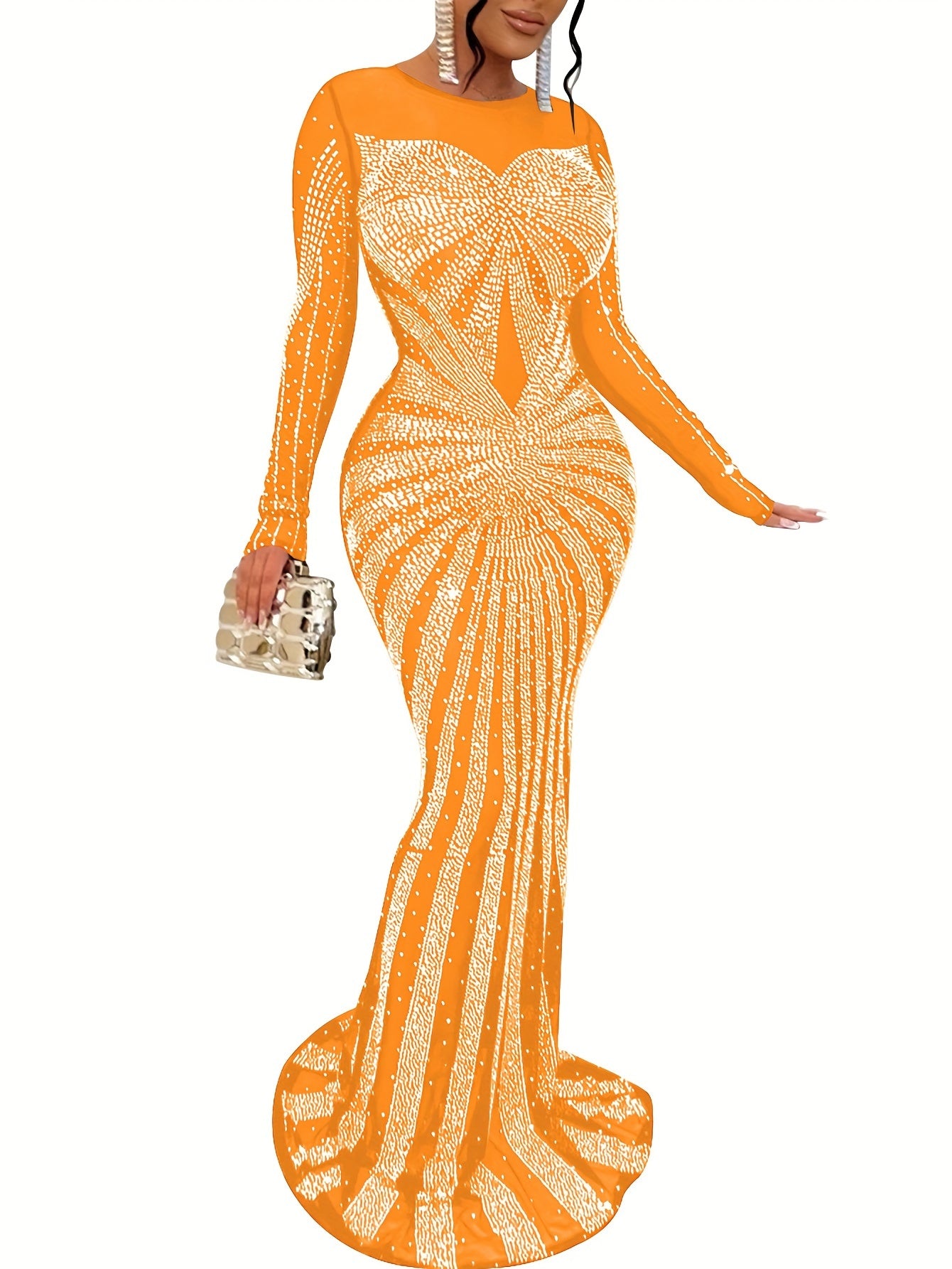 Long Sleeve Maxi Dress - Elegant Sheer Mesh with Rhinestone Detail - Bodycon Fit for Women - Perfect for Spring/Summer/Fall