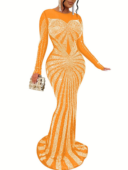 Long Sleeve Maxi Dress - Elegant Sheer Mesh with Rhinestone Detail - Bodycon Fit for Women - Perfect for Spring/Summer/Fall