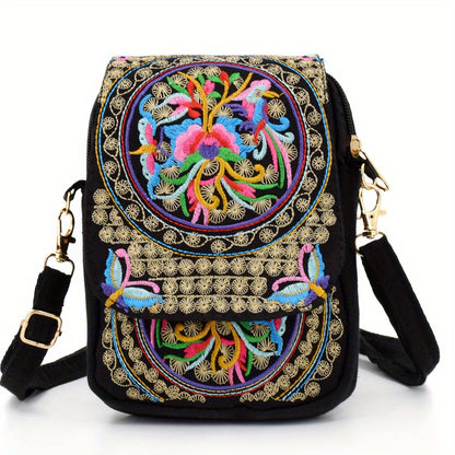 Women's Embroidered Crossbody Bag, Mini Shoulder Bag, Portable Double-Layer Wallet, Phone Pouch
