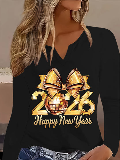 Women'S Elegant Golden Bow & 2026 Happy New Year Print V-Neck Long Sleeve T-Shirt - with Golden Lettering & Number 2026 Design, Casual Spring/fall Top For Casual Attire, New Year Party Outfit, Spring Fashion, Stylish Blouse,