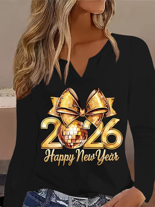 Women'S Elegant Golden Bow & 2026 Happy New Year Print V-Neck Long Sleeve T-Shirt - with Golden Lettering & Number 2026 Design, Casual Spring/fall Top For Casual Attire, New Year Party Outfit, Spring Fashion, Stylish Blouse,