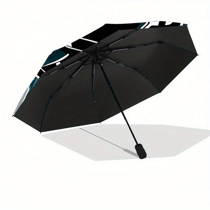 Philadelphia Football Team Spirit Automatic Opening/Closing Umbrella - 8-Rib All-Weather Foldable Travel Umbrella with Teal & Golden City Skyline & Logo Design, Portable for Daily Use, Sports Events, Gift for Fans