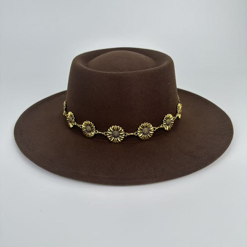 1pc Bohemian-style Unique and Fashionable Felt Hat - Decorated with Exquisite Golden Flower Chain Fedora Hat - Suitable for Daily Street Style, Music Festival Outfits, Bohemian-inspired Looks, Casual Outings and Trendy Season