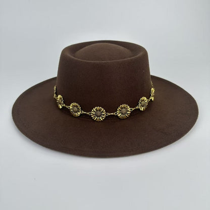 1pc Bohemian-style Unique and Fashionable Felt Hat - Decorated with Exquisite Golden Flower Chain Fedora Hat - Suitable for Daily Street Style, Music Festival Outfits, Bohemian-inspired Looks, Casual Outings and Trendy Season