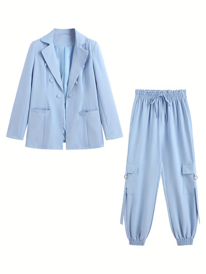 2025 Spring and Autumn Fashion Women's Solid Color Temperament Casual Suit Jacket + Elastic Waist Cuff Pants Set Commuter All-match Two-piece Set