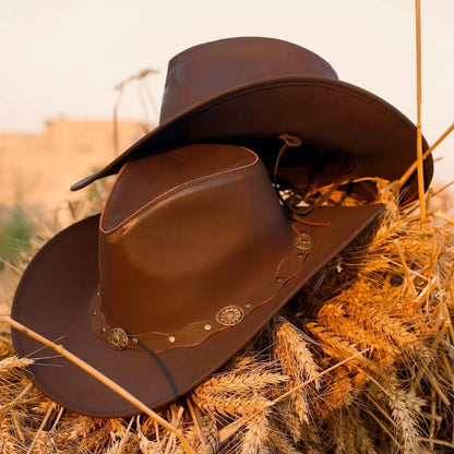 Brown Genuine Leather Western Cowboy Hat for Men & Women – Classic Outdoor Riding & Country Style Accessory for Travel, Horseback Riding, Ranch Work, Camping, Festivals & Daily Wear – Perfect Gift for Christmas, New Year,