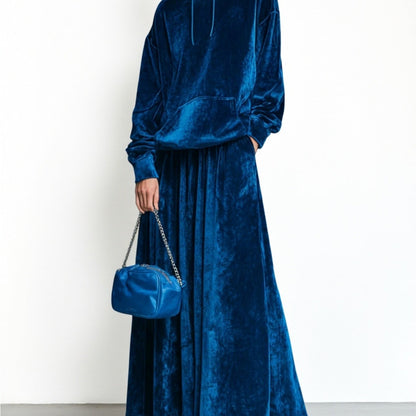 Dark Blue Hooded Drawstring Oversized Top + Long Flared Maxi Skirt Women'S Suit Set | Sophisticated Elegant Lazy Casual Style for Fall/Winter Daily Outings, Light Social Occasions & Date Gatherings