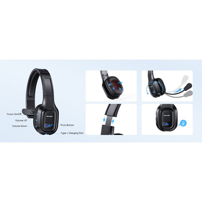 TECKNET Trucker Wireless Headphones with Microphone Noise Canceling Wireless On Ear Headset, Hands Free Wireless Headset for Cell Phone Computer Office Home Call Center skype (Black), Office Headphones, Call Center Equipment,
