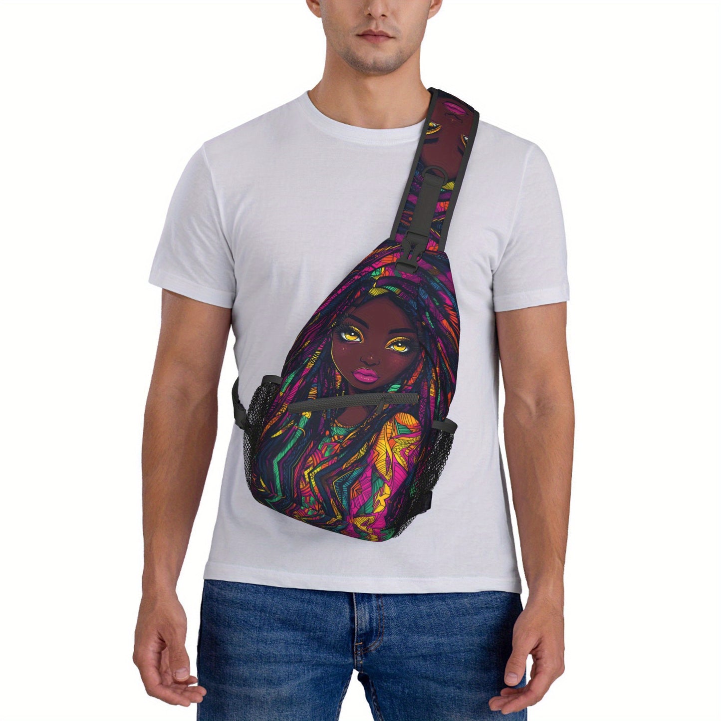Women's African Print Crossbody Bag - Large Capacity Chest Bag with Zipper Closure, Bold African Woman Portrait in Purple, Blue, Yellow, Green, Red - Durable Gym, Travel, Everyday Bag for Women - Easy-Care Hand Washable Desig