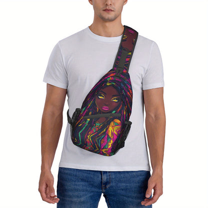 Women's African Print Crossbody Bag - Large Capacity Chest Bag with Zipper Closure, Bold African Woman Portrait in Purple, Blue, Yellow, Green, Red - Durable Gym, Travel, Everyday Bag for Women - Easy-Care Hand Washable Desig