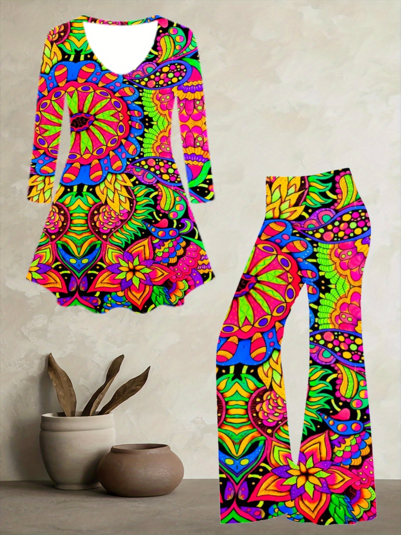 Women's Artistic Paisley-Print Flared Culotte Pantsuit - Multicolor (Pink/Yellow/Green/Blue/Purple) A-Line Asymmetrical Hem Jumpsuit, Casual to Dressy Outfits, All-Season Wear, Round Neck Long Sleeve Matching Set
