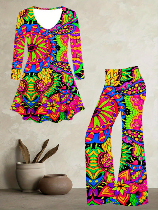 Women's Artistic Paisley-Print Flared Culotte Pantsuit - Multicolor (Pink/Yellow/Green/Blue/Purple) A-Line Asymmetrical Hem Jumpsuit, Casual to Dressy Outfits, All-Season Wear, Round Neck Long Sleeve Matching Set