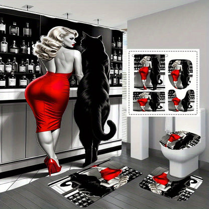 1/4pcs Beauty with Black Cat Pattern Shower Curtain Or Four-Piece Set (Including Shower Curtain, Non-Slip Mat, U-Shaped Mat And Toilet Mat) Is a Perfect Choice, a Great Gift, The Whole Set of Shower Supplies Comes with 12 Hoo