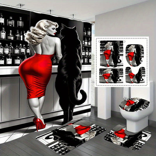 1/4pcs Beauty with Black Cat Pattern Shower Curtain Or Four-Piece Set (Including Shower Curtain, Non-Slip Mat, U-Shaped Mat And Toilet Mat) Is a Perfect Choice, a Great Gift, The Whole Set of Shower Supplies Comes with 12 Hoo