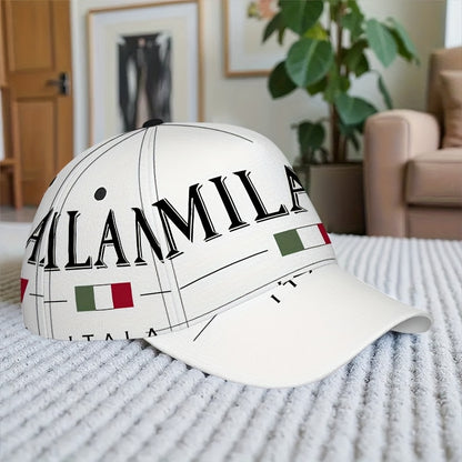 1pc 2D Milano Emblem Print Baseball Cap - Full-Body Vibrant Polyester Hat with Adjustable Snapback, Ideal for Outdoor Sports, Street Style & Running, Black with White Logo, Sports Cap | Stylish Headgear | Durable Headwear