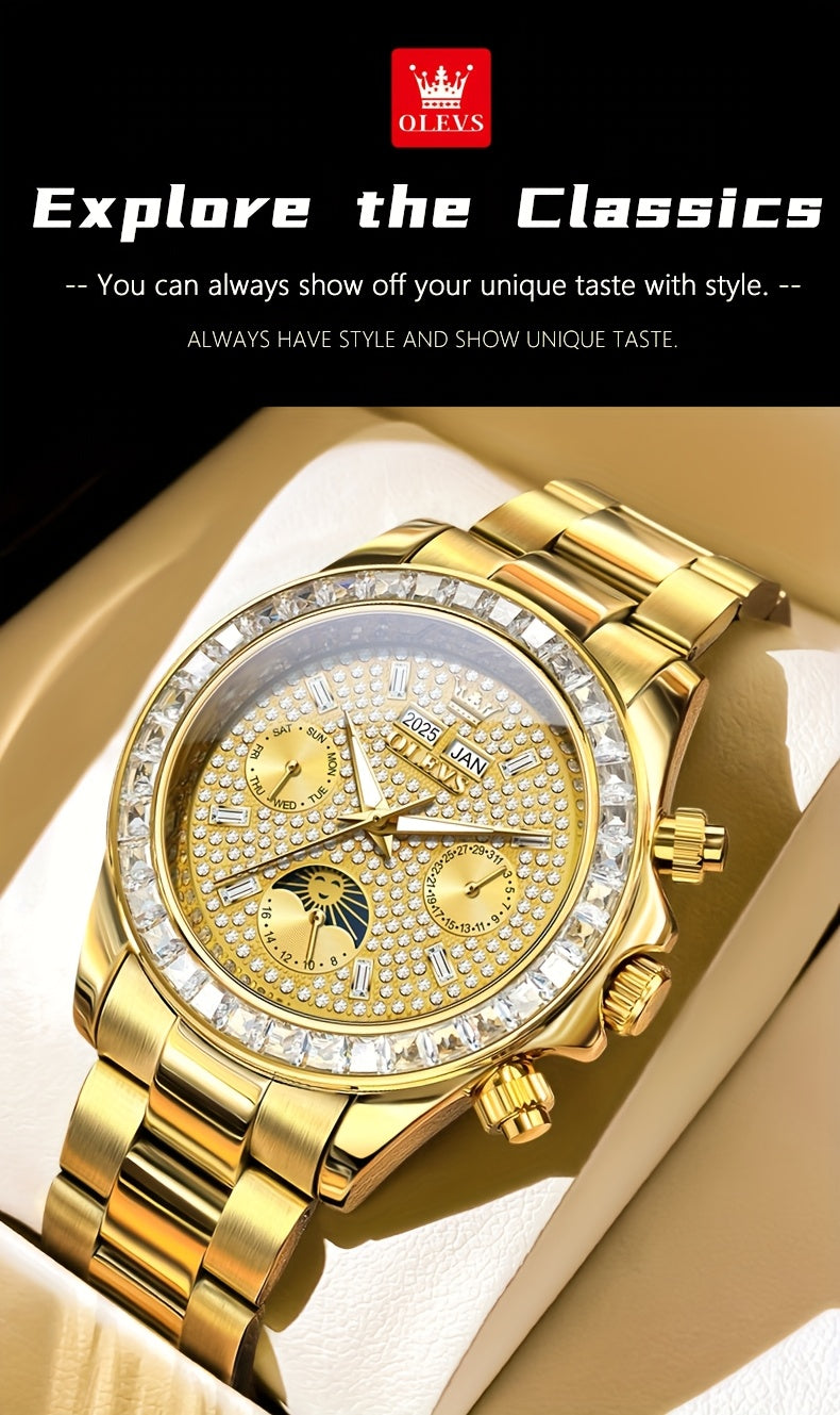 OLEVS Men's Automatic Mechanical Business Watch - Stainless Steel Luminous Golden-Tone Dial with Accents, Date & Day Display, Luxury Dress Watch for Formal Events & Professional Settings, Automatic Mechanical Watch, Formal Ti