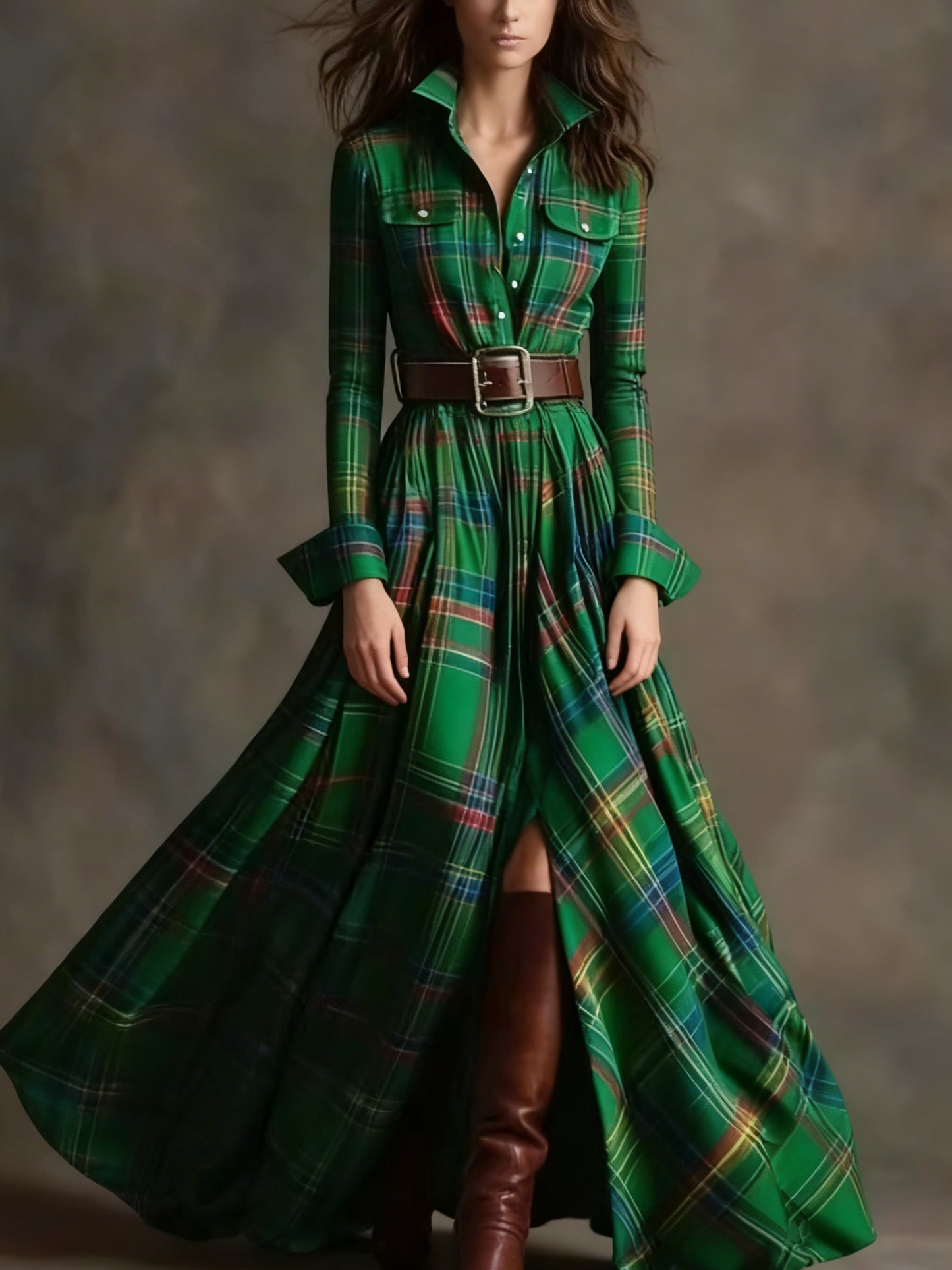 Women'S Autumn-Winter French Retro Elegant Literary Plaid Lapel Maxi Dress | Long Sleeve, Button Details, Vintage Style
