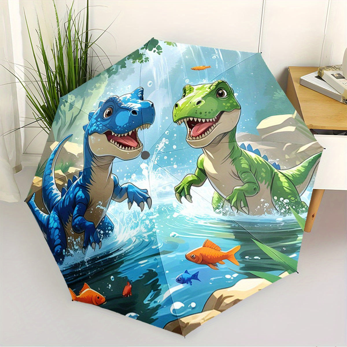 Automatic Open/Close Umbrella with One-Touch Button - Portable Folding umbrella, Compact Travel Umbrella with 8-Rib Strong Frame, Lightweight for Women/Men, Birthday/Christmas Gift for Dinosaur Lovers (Blue & Green Dinosaurs)