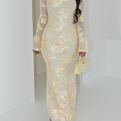 Women'S Elegant Floral Printed Long Dress | Round Neck, Flared Sleeves, Classic and Dignified, Suitable for Formal and Casual Events, Office, Weddings, Machine Washable, Long Length